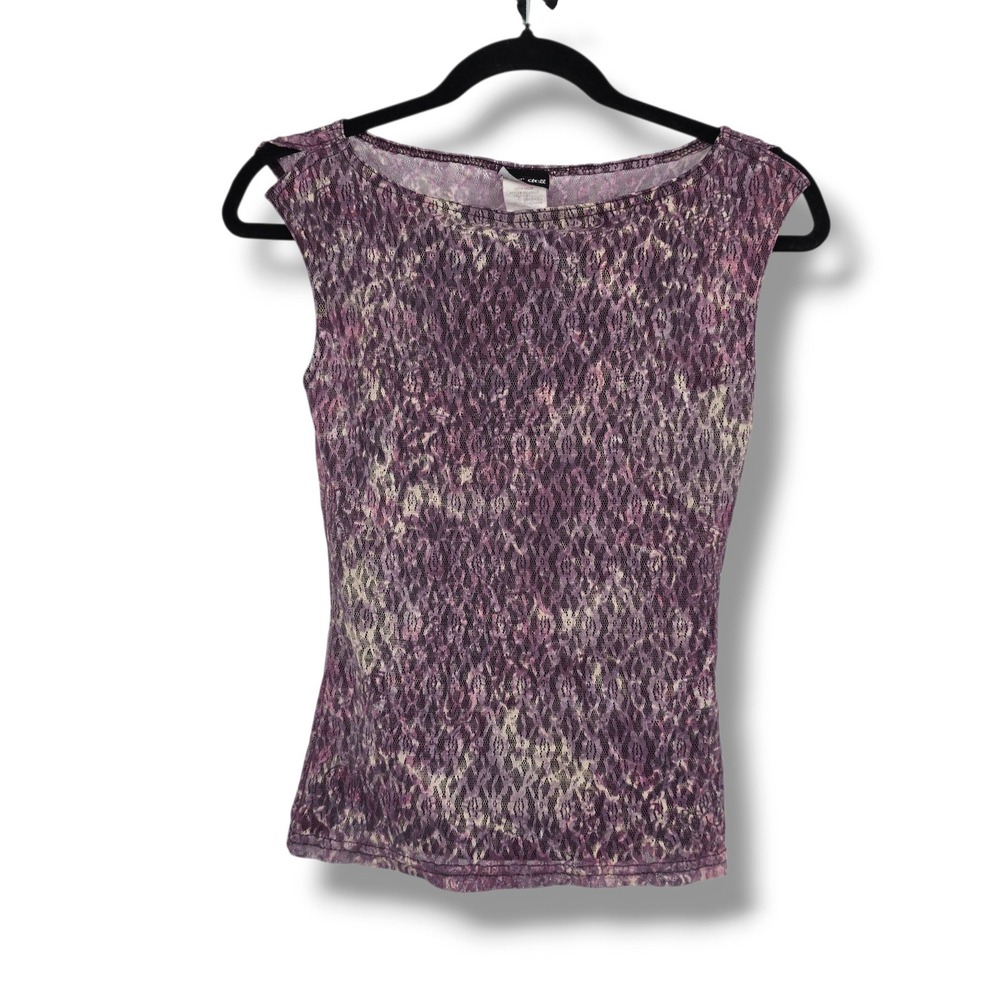 Paper Doll Womens Purple Abstract Lace Sleeveless Boat Neck Top Size Medium